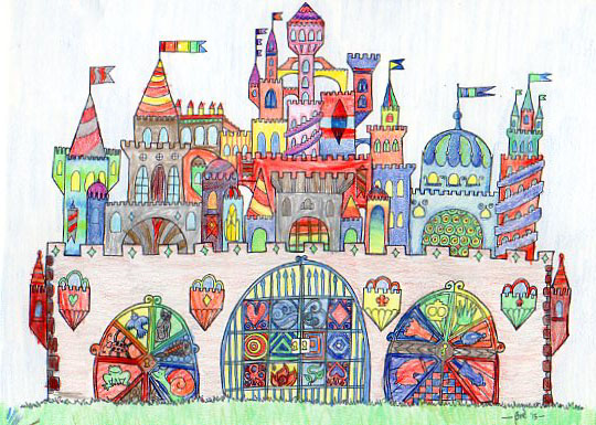 Colored version of the Free printable whimsical castle coloring page