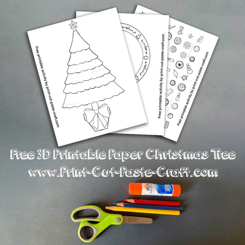 3D Free Printable Paper Christmas Tree Color Cut and Paste Kids and Family Activity.