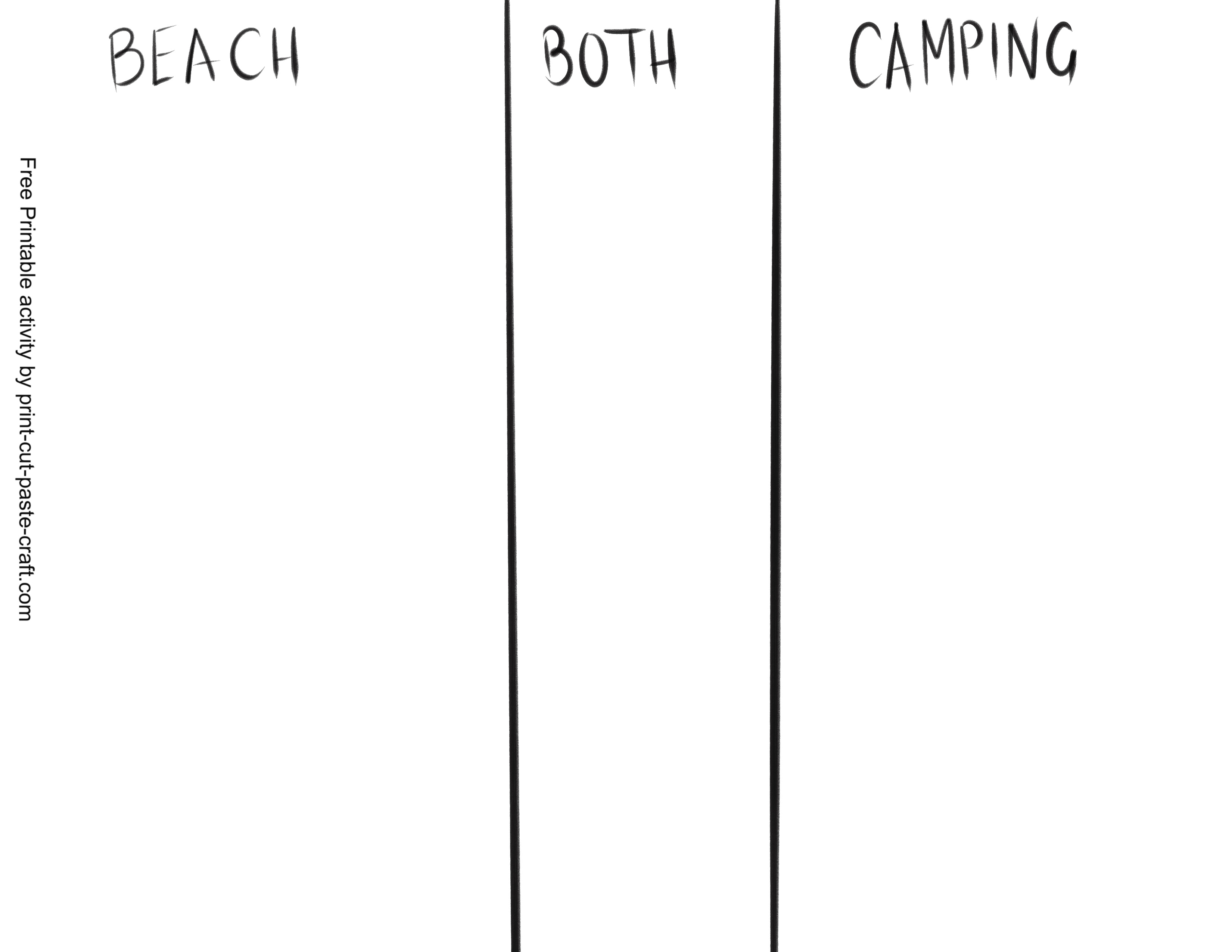 Beach or Camping free printable coloring and sorting activity for kids CHART by Print-Cut-Paste-Craft.com
