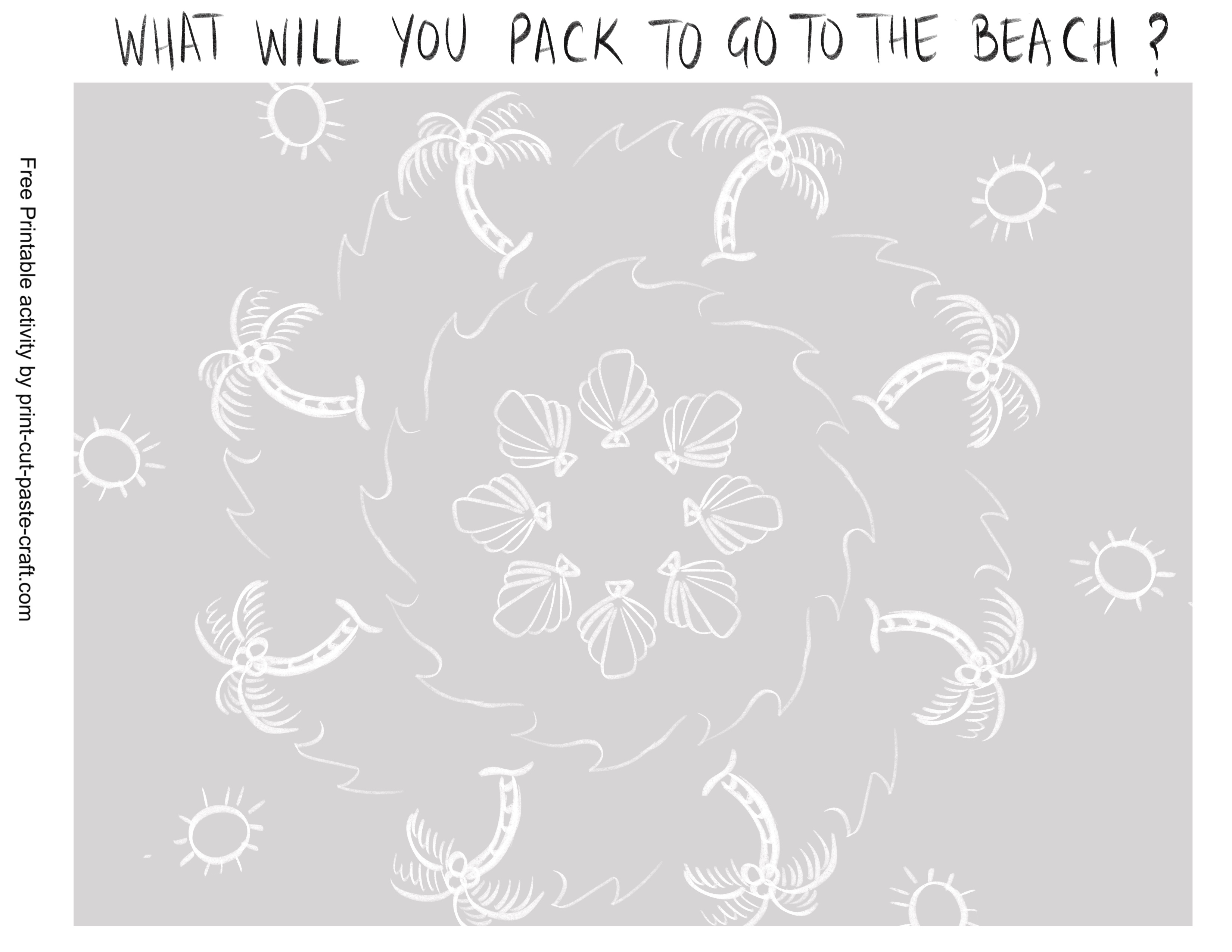Beach or Camping free printable coloring and sorting activity for kids BEACH SUITCASE by Print-Cut-Paste-Craft.com