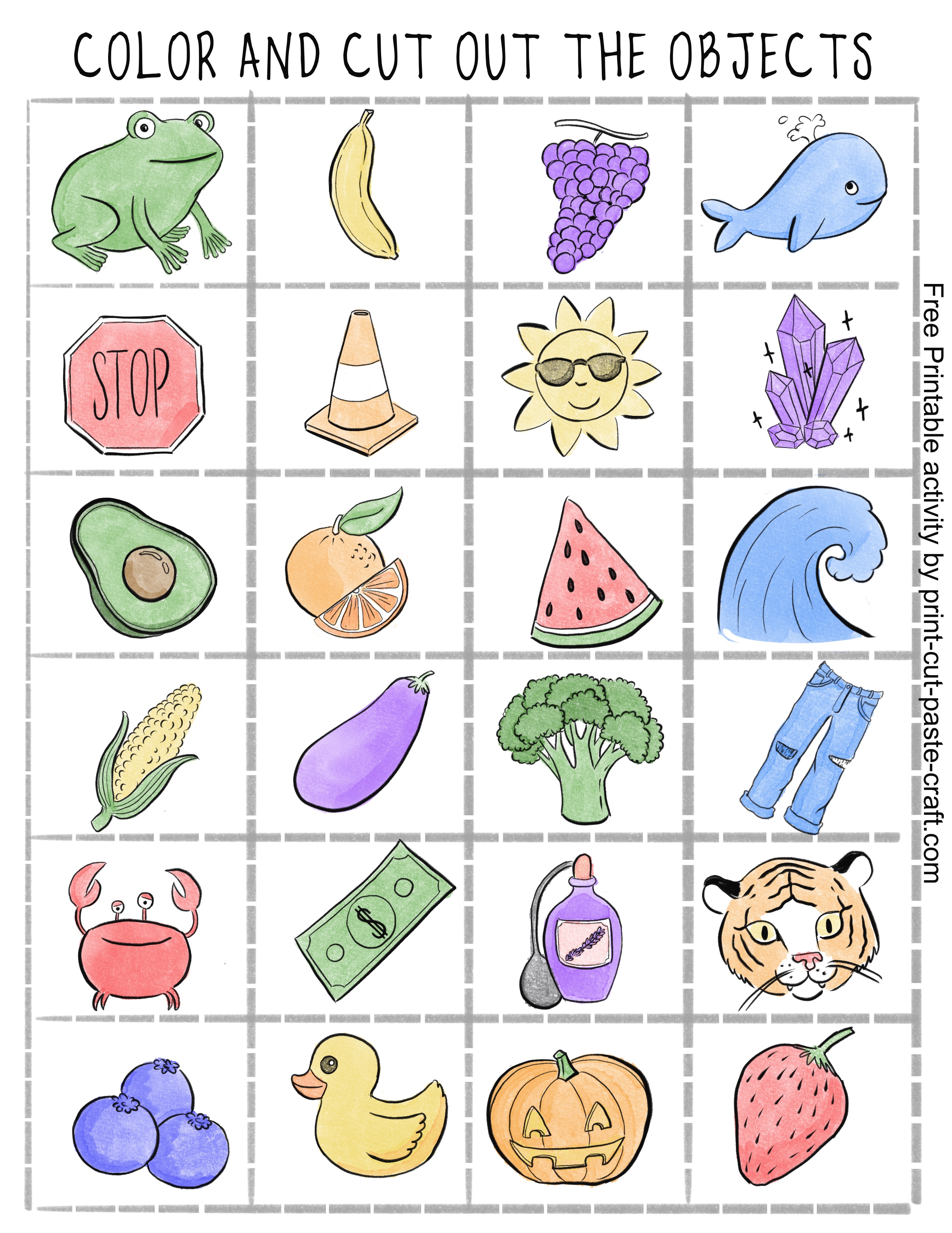 Free Printable Color Cut and Paste activity: sorting objects, food and animals by color.