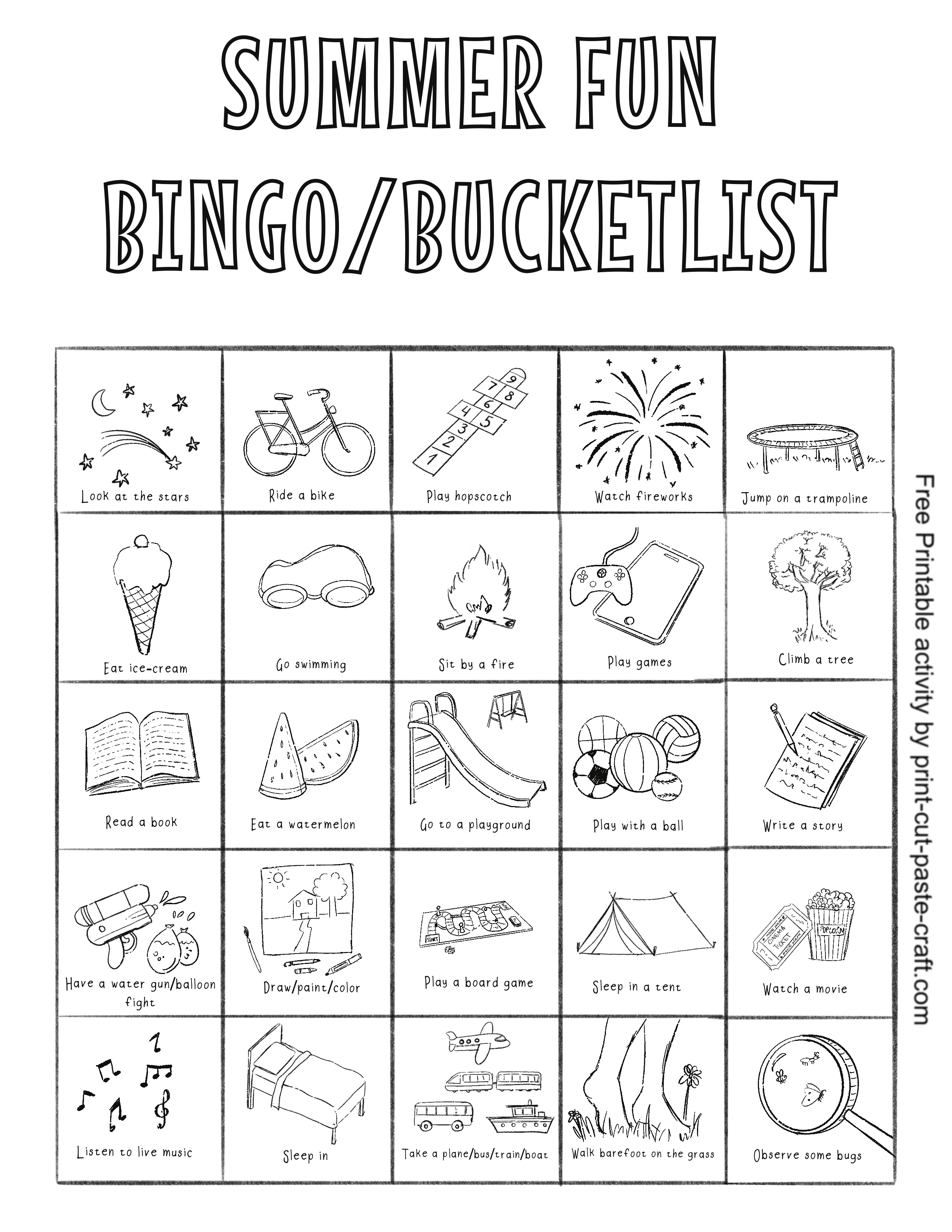 Summer bingo/bucket list free printable activity by print-cut-paste-craft.com bw