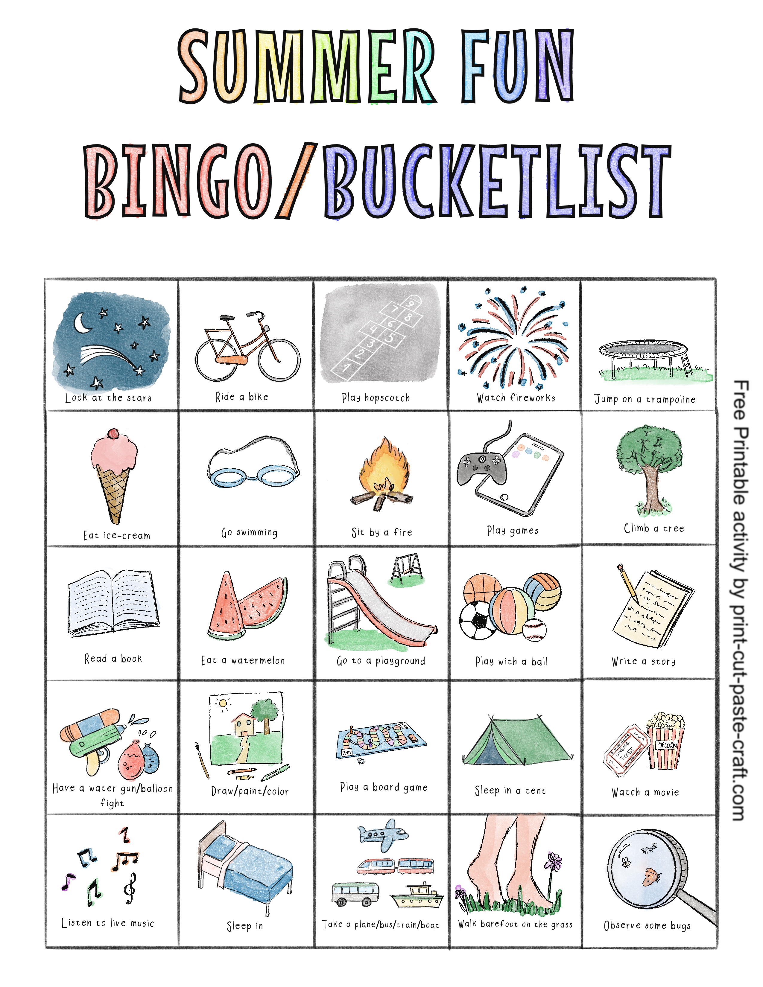 Summer bingo bucket list free printable activity